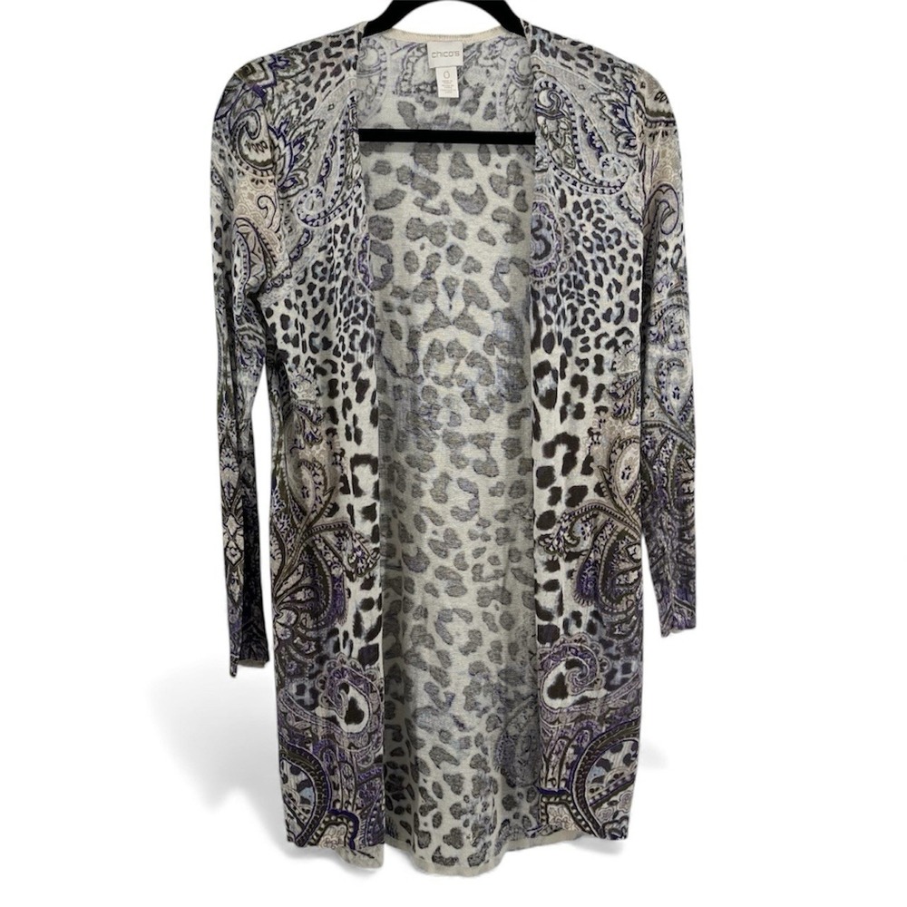 Chico's Size 0 Small Linen Blend Open Front Duster Cardigan Animal Print Paisley